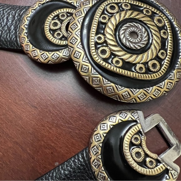 Chico’s black leather statement belt adjustable bold ornate buckle M/L EUC - Picture 8 of 12